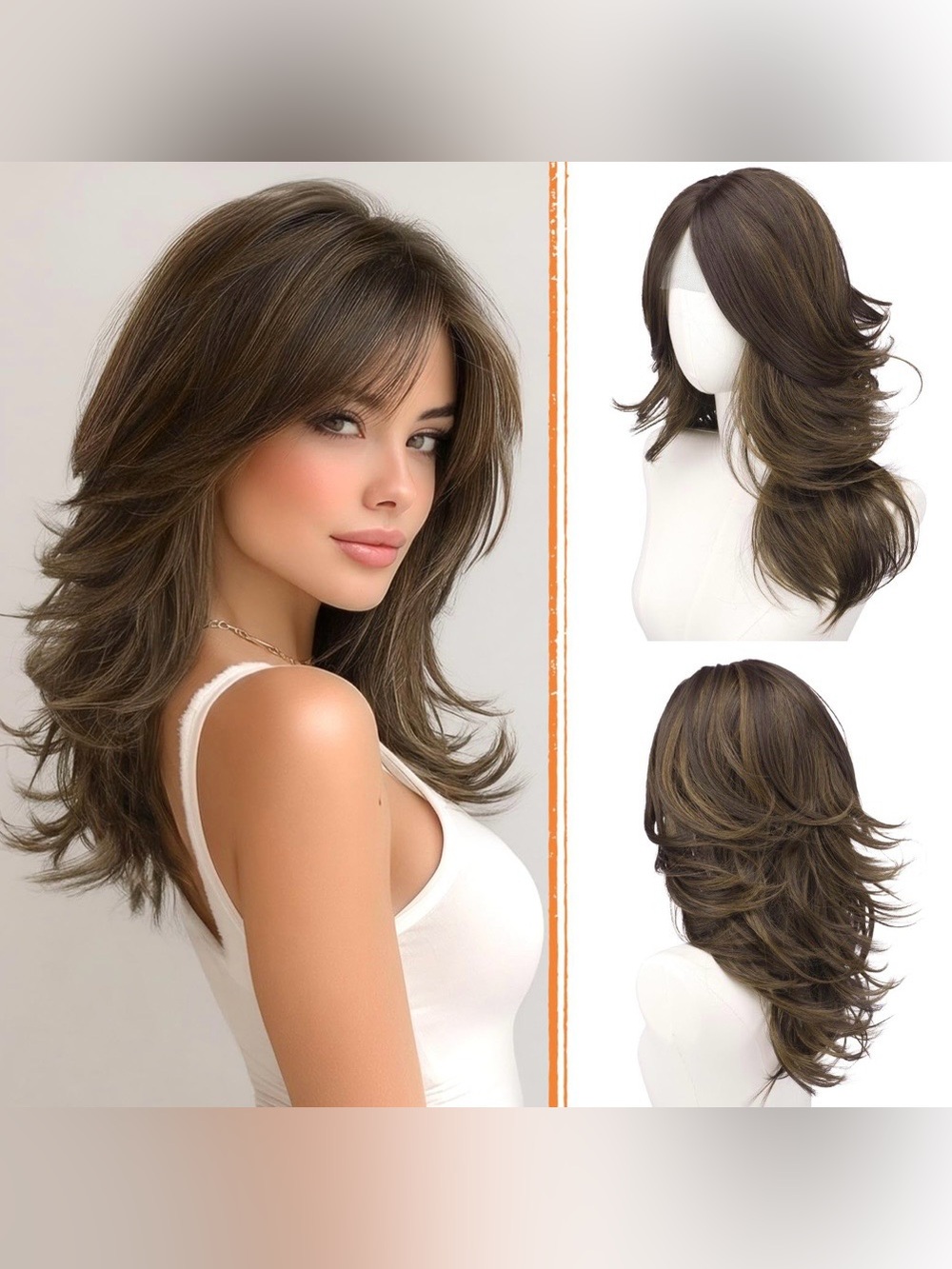 Womenโs 20 inch Brown Layered Wig with Highlights Curtain Bangs Daily Costume